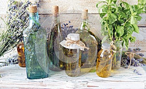 Lavender flowers, tincture bottles and lavender oil jars