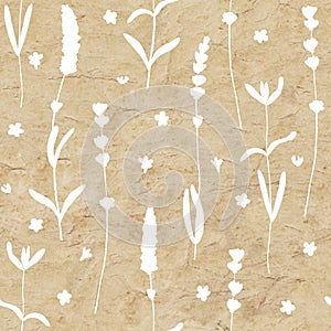 Lavender flowers white silhouettes seamless pattern on yellow brown color old paper grunge background