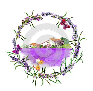 Lavender flowers wreath, farm with rustic house and violet floral field in Provence, France. Watercolor with butterflies