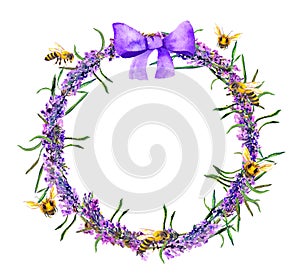 Lavender flowers wreath with violet bow, honey bees. Watercolor floral round border