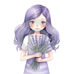 Lavender girl watercolor illustration, lavender clipart