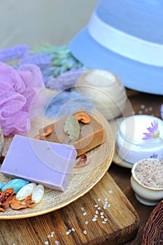 Lavender handmade artisan soap, lavender aromatic candle, spa set