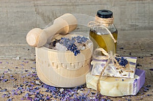 Lavender handmade soap and aromatic oil with sea salt