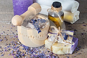 Lavender handmade soap and aromatic oil with sea salt in a mort