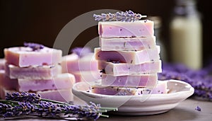 Lavender handmade soap bars with copy space, perfect for relaxation and pampering