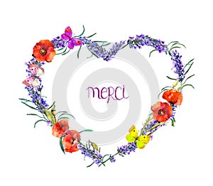 Lavender heart. Floral frame with flowers, french text Merci, translation - Thank you . Watercolor