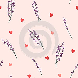 Lavender and hearts vector seamless pattern design