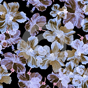 Lavender Hibiscus Wallpaper. Colorful Flower Print. Gray Seamless Decor. Purple Vintage Plant. Pattern Backdrop. Watercolor Painti