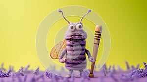 Lavender Knitted Cricket Toy: A Surreal And Inventive Character Study