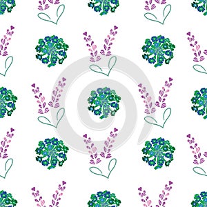 Lavender Lantana Hearts-Flowers in Bloom seamless repeat pattern background in green purple and white