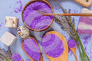 Lavender lilac salt and body brushes.Floral bath salt with lavender extract and body care brushes . View from above.body