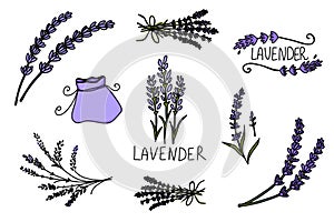 Lavender logo and branch. Hand drawn wedding herb, plant and monogram