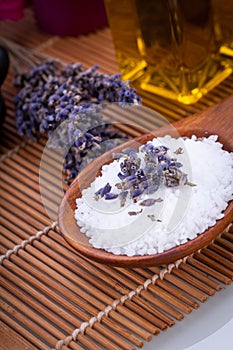 Lavender massage oil and bath salt aroma therapy wellness