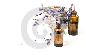 Lavender oil dried flowes white background