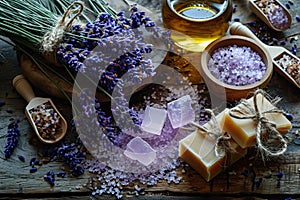 Lavender, oil essence, handmade soap and sea salt on a wooden background.