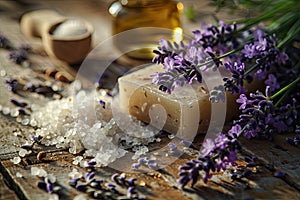 Lavender, oil essence, handmade soap and sea salt on a wooden background.