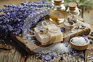 Lavender, oil essence, handmade soap and sea salt on a wooden background.