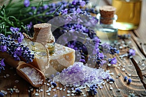 Lavender, oil essence, handmade soap and sea salt on a wooden background.