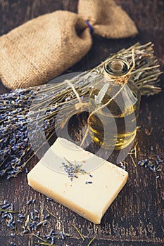 Lavender oil, herbal soap and bath salt