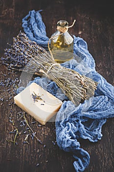 Lavender oil, herbal soap and bath salt