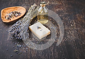 Lavender oil, herbal soap and bath salt