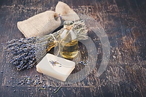Lavender oil, herbal soap and bath salt