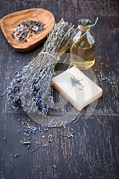 Lavender oil, herbal soap and bath salt