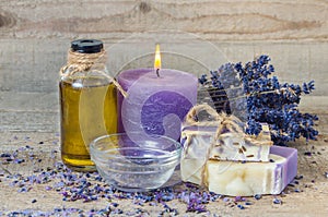 Lavender oil, lavender flowers, handmade soap and sea salt with