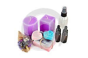 Lavender oil, soap and aromatic candles isolated on white background