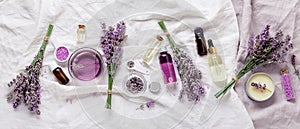 Lavender oils serum lavender flowers on white. Skincare cosmetics products. Set natural spa beauty products. Lavender essential