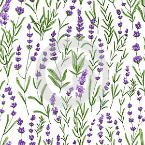 Lavender pattern with purple flowers and leaf. Seamless floral background, repeating print. Botanical repeatable texture