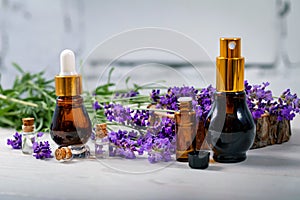 Lavender perfume - essential oil and scent bottles with flowers