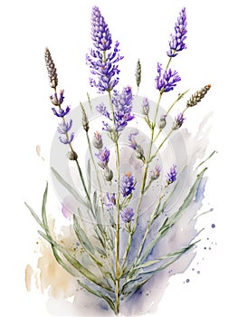 Lavender plant over white background. Generative AI illustration in watercolor style