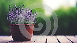 Lavender plant in pot on blurred background. Generative AI