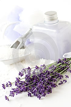 Lavender plant, shower gel and bathsalt