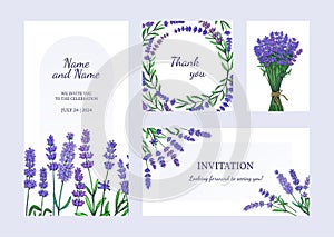 Lavender posters. Greeting card and invitation with bouquets of odorous garden flowers. Purple blooming plants. Celebration