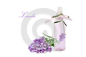 Lavender product in spray bottle and flowers isolated