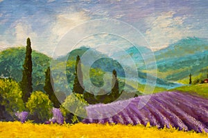 Lavender purple field painting. Italian summer countryside. French Tuscany. Field of yellow rye. Rural houses and high cypress tre