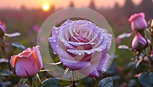 lavender rose flower, garden in drops of dew at sunrise