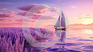 Lavender Sailboat: A Surreal 3d Landscape With Purple Flowers