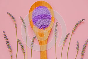 lavender salt.Cosmetic lilac salt with lavender extract in wooden spoon and lavender flowers on a pink background.purple