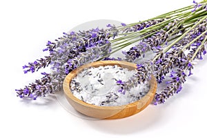 Lavender sea salt with a bunch of lavandula flowers, aromatic herb for cooking