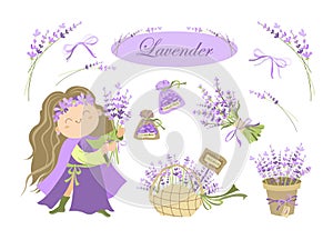 Lavender set flowers elements. Collection of lavender flowers on a white background.