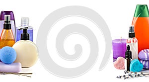Lavender shampoo, soap and scented candles isolated on white . Wide photo. Free space for text. Collage