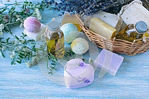 Lavender soap, fragrance oil, foam bombs and fresh lavender flowers