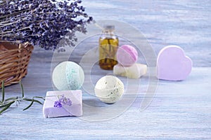 Lavender soap, fragrance oil, foam bombs and fresh lavender flowers