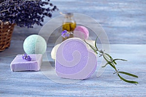 Lavender soap, fragrance oil, foam bombs and fresh lavender flowers