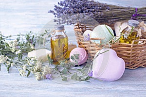 Lavender soap, fragrance oil, foam bombs and fresh lavender flowers