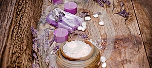 Lavender soap, scented salt and spa stones - spa concept