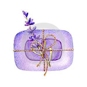 Lavender soap tied with a scourge, ribbon. Hand watercolor illustration isolated on white background close-up. Design for banner,